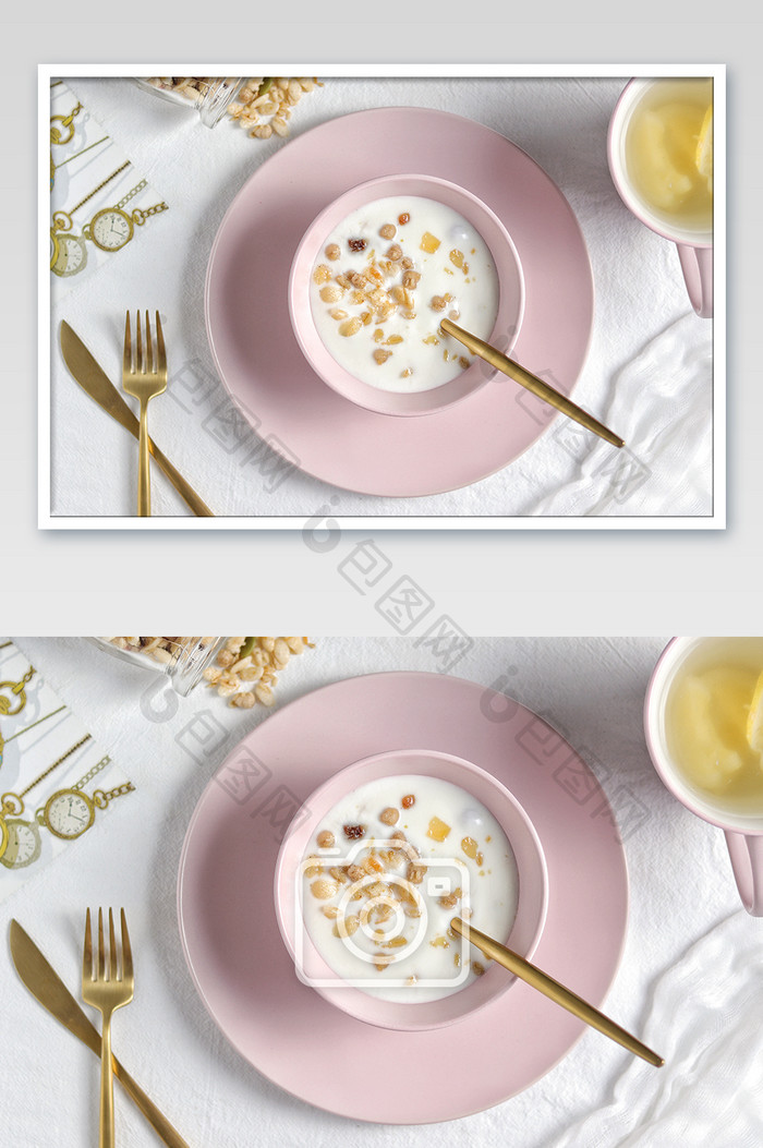 燕麦牛奶酸奶早餐场景摄影图片
