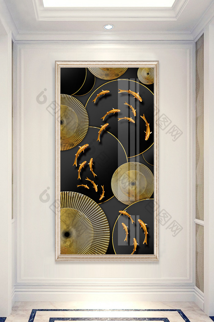 新中式黑金立体鱼群风景晶瓷玄关装饰画