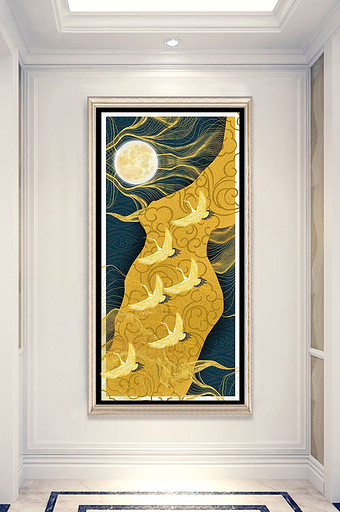 新中式金色线条仙鹤风景晶瓷玄关装饰画图片