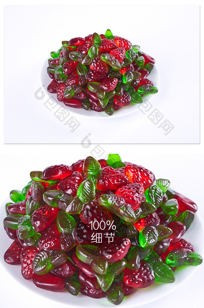 软糖草莓透明绿色红色桌布零食美食摄影图片