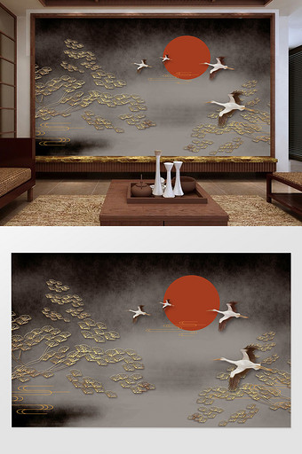 国潮中式仙鹤松树梅花背景墙图片