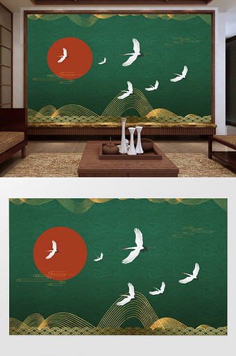 国潮中式传统刺绣仙鹤祥云背景墙图片