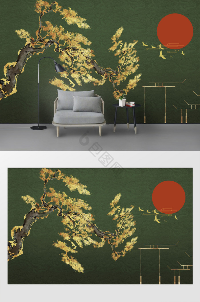 新中式禅意松树墨迹背景墙装饰画玄关图片