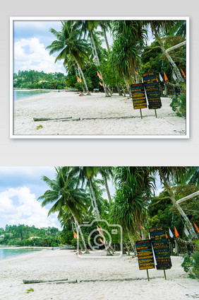 蓝天白云白色沙滩椰树沙滩餐饮摄影图