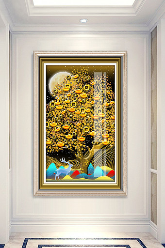 简欧大气金色发财树风景晶瓷玄关装饰画图片