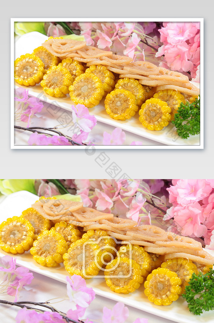 蜜汁黄金玉米藕养生菜摄影图