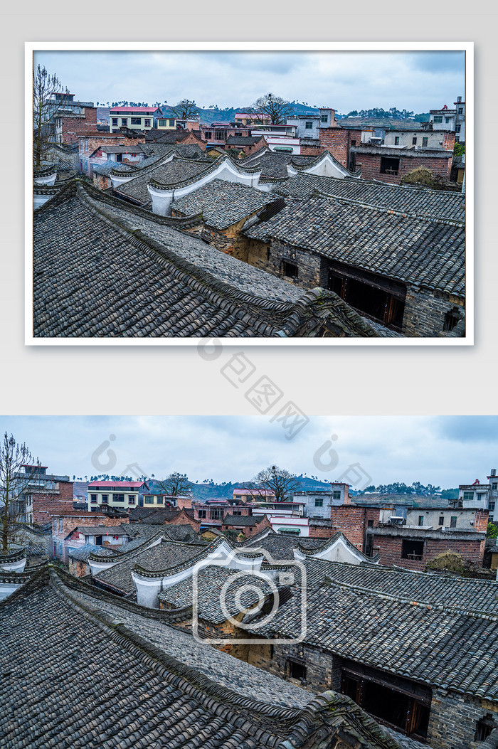 农村青砖黑瓦屋顶建筑群摄影图