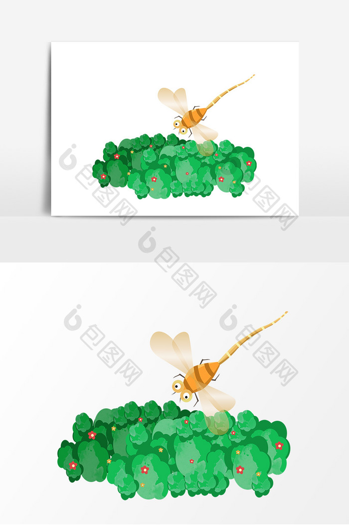 手绘夏季灌木丛蜻蜓昆虫