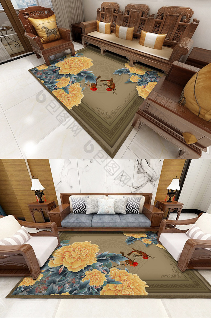 中国风花鸟牡丹植物客厅卧室地毯图案
