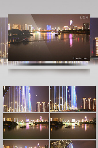 南宁邕江北大桥的风景与夜晚巡逻的船支图片