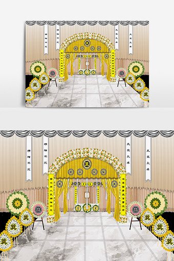 时尚大气金色拱门鲜花追悼会灵堂效果图图片