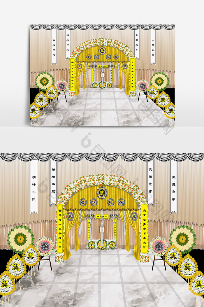 时尚大气金色拱门鲜花追悼会灵堂效果图