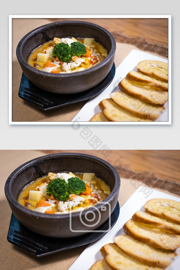 芝士汤素食干锅面包片美食摄影图图片图片