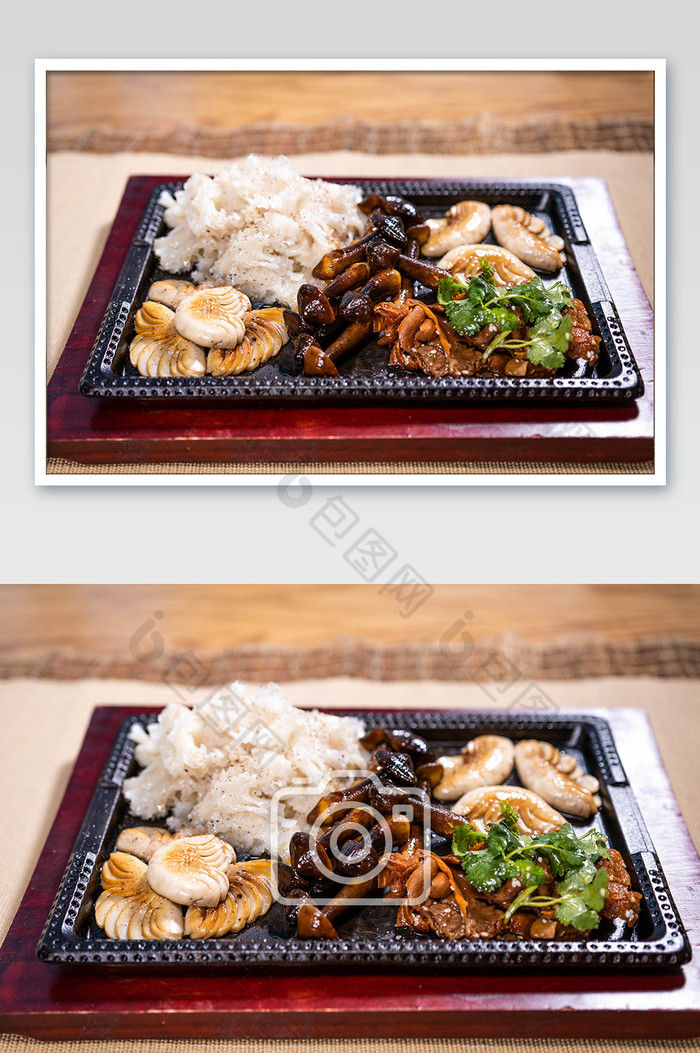 铁板菌菇素食摆盘摄影图图片图片