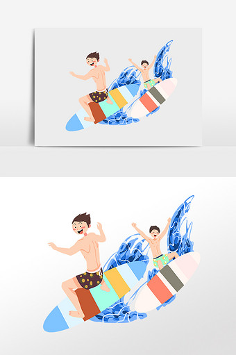 手绘水上运动戏水冲浪男孩插画图片