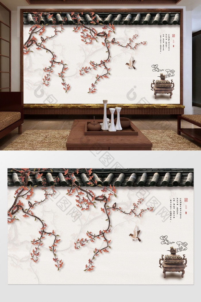 中式水墨画江南春银杏叶背景墙壁纸壁画