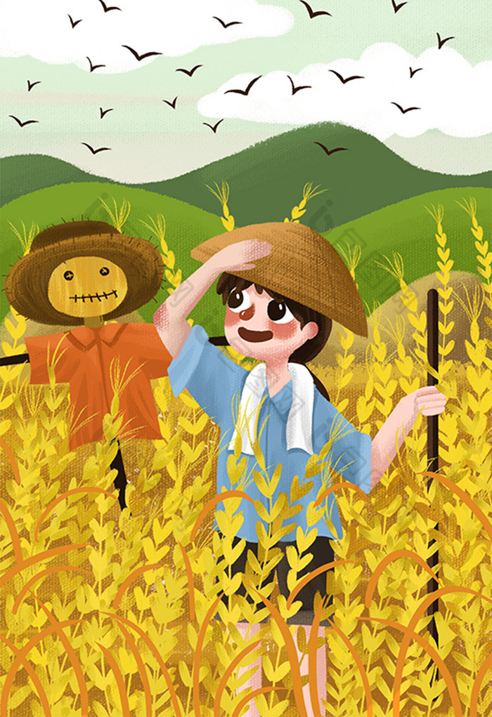 芒种庄稼丰收小麦农民节日节气田野插画图片