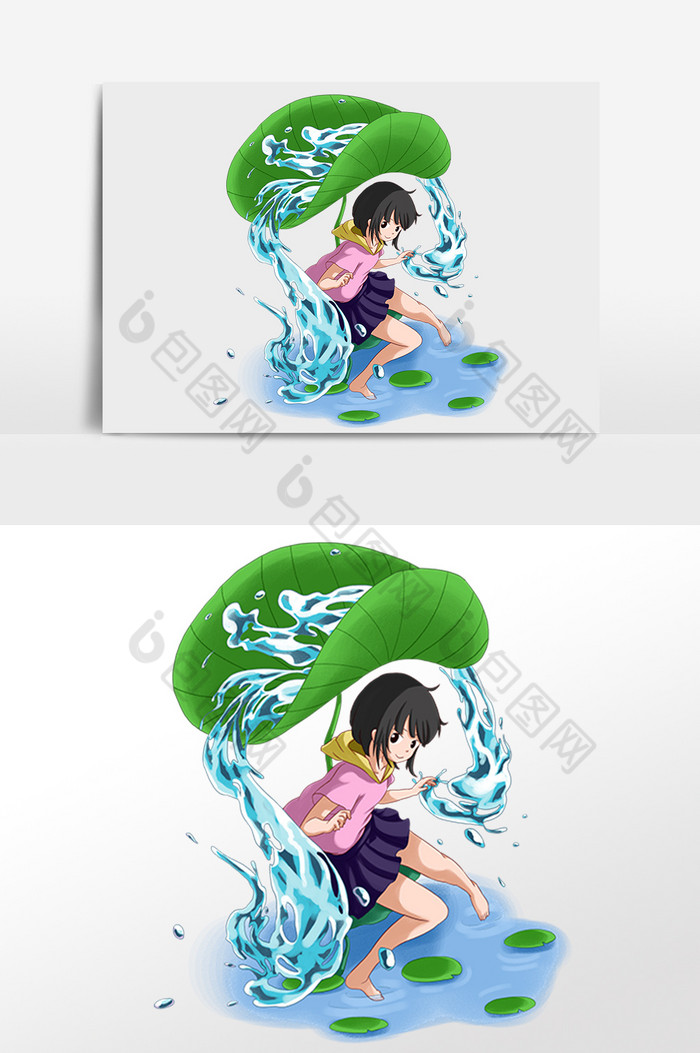 手绘夏季戏水荷塘玩水女孩插画图片