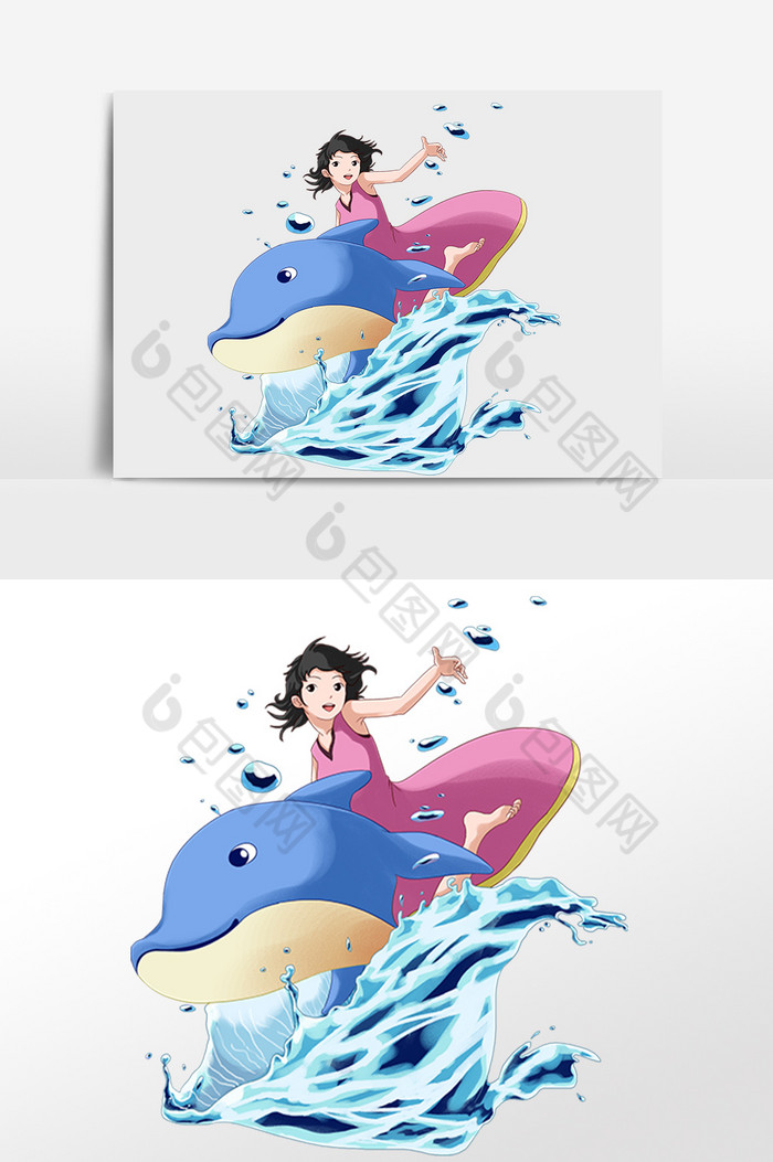 夏季戏水玩水鲸鱼女孩插画图片图片