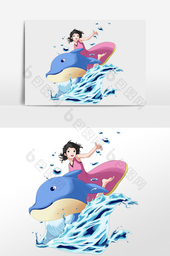 手绘夏季戏水玩水鲸鱼女孩插画图片