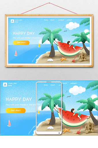 儿童节游玩夏日海边西瓜网页插画图片