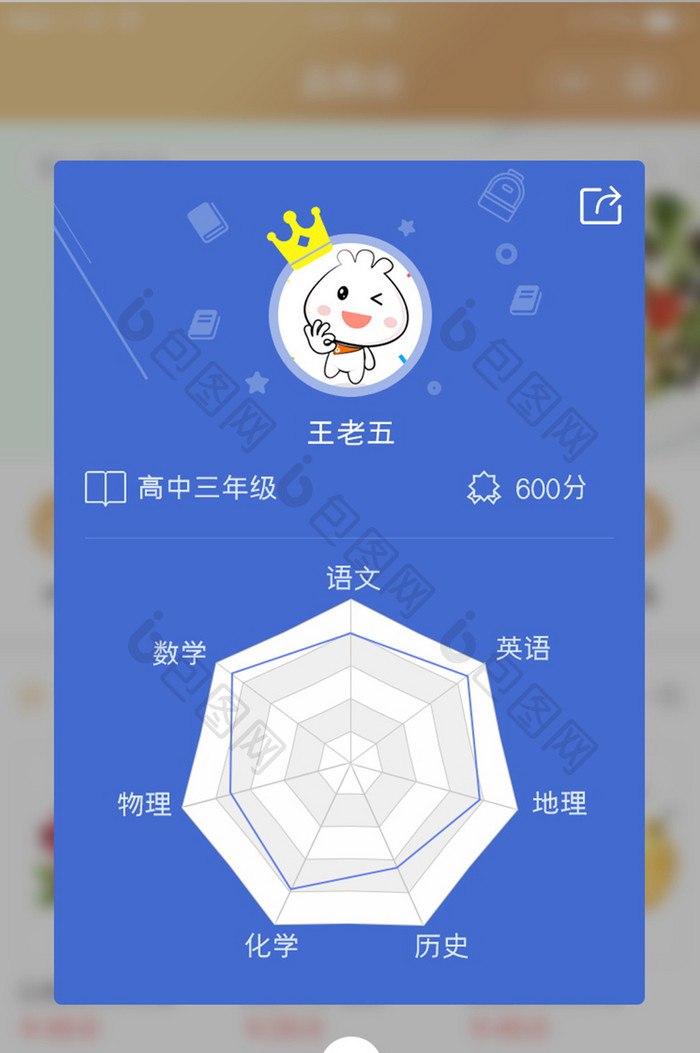 蓝色简约风格考试成绩雷达图弹出弹窗界面