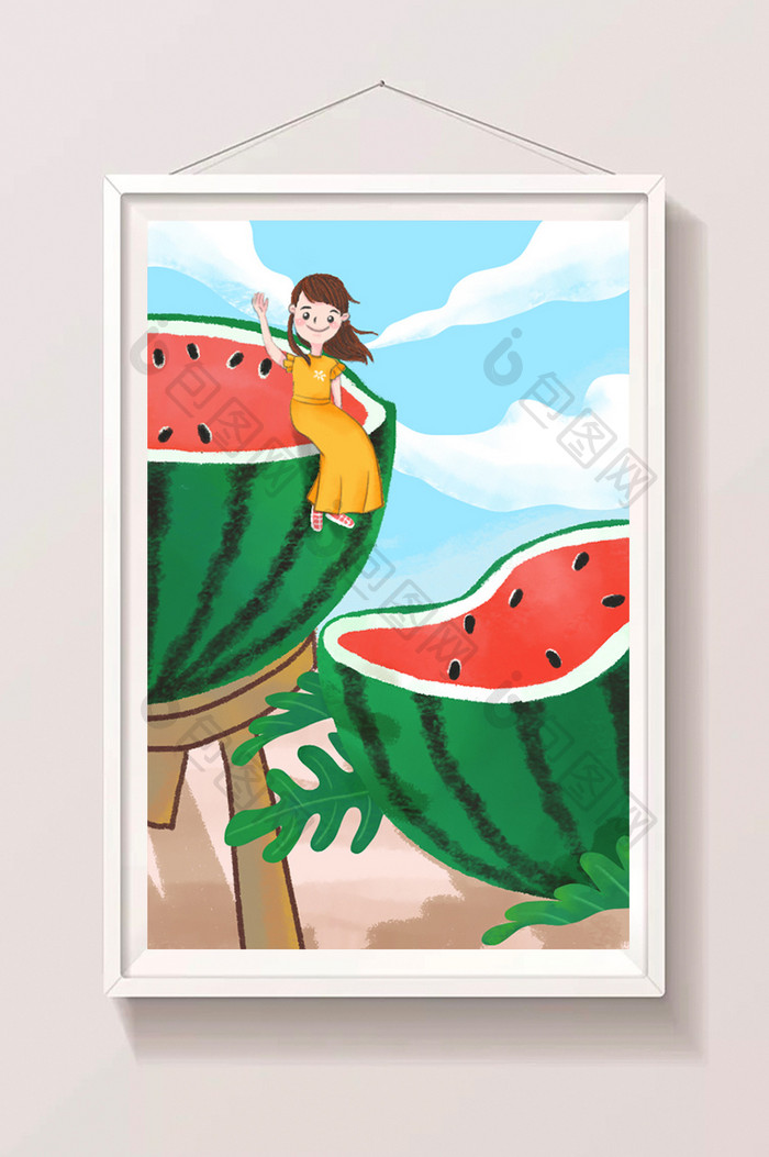 小清晰夏季节气女孩在西瓜上赏景插画