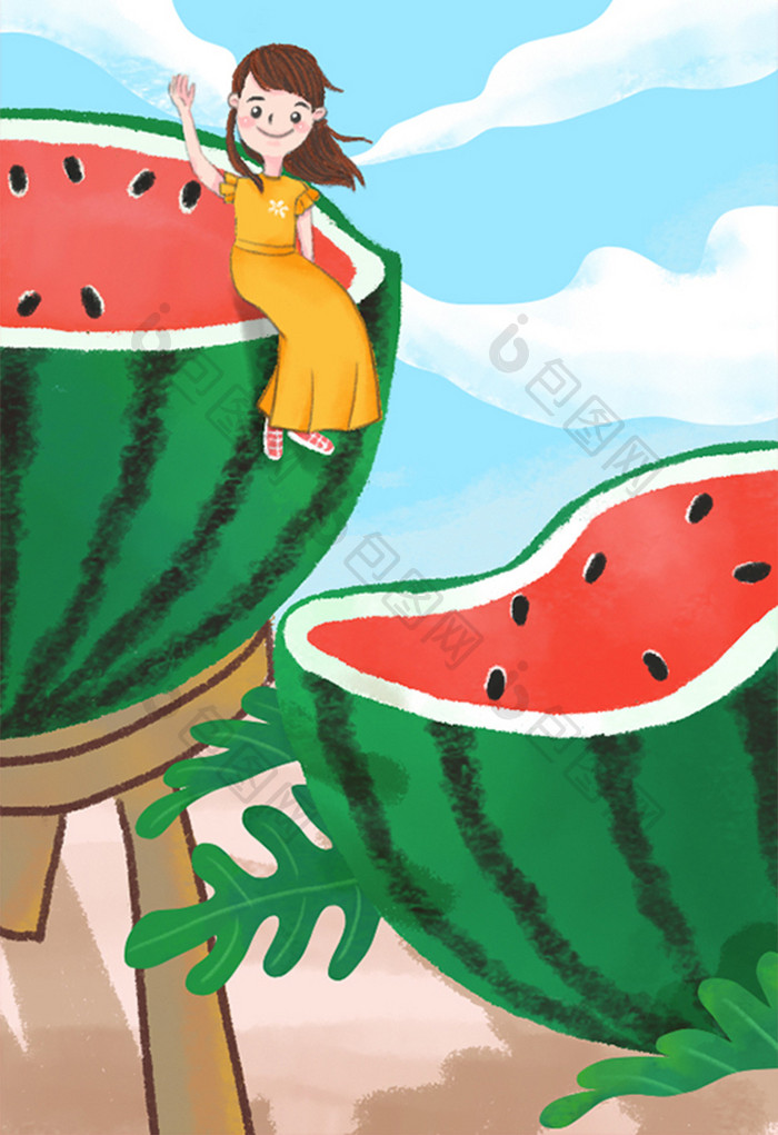 小清晰夏季节气女孩在西瓜上赏景插画