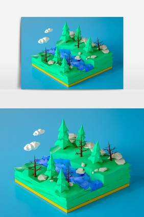 C4D卡通树木绿色小场景模型（oc渲染）