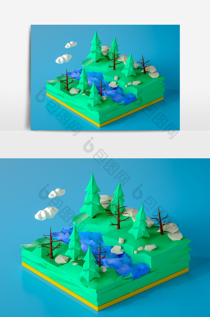 C4D卡通树木绿色小场景模型（oc渲染）