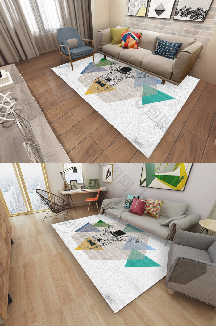 北欧风几何三角形线条麋鹿客厅卧室地毯图案图片图片