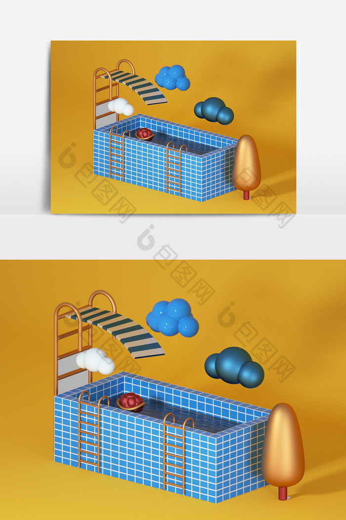 C4D立体简约黄色创意夏季游泳池装饰元素