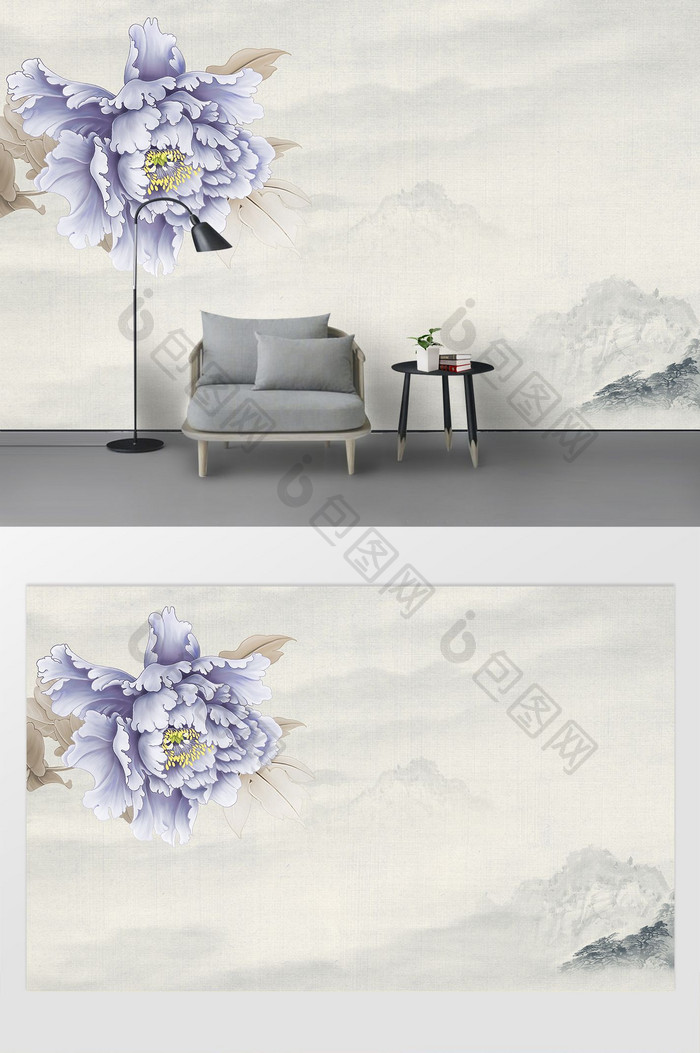 中式手绘工笔花鸟国画牡丹花开富贵背景墙
