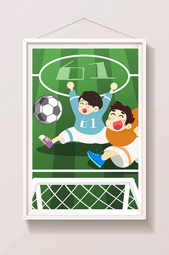 绿色足球场孩子们踢足球庆六一插画图片