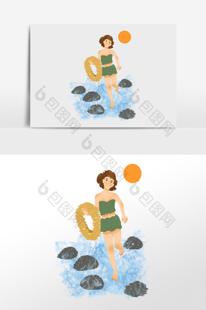 手绘夏日海滩旅游戏水玩水女孩插画图片