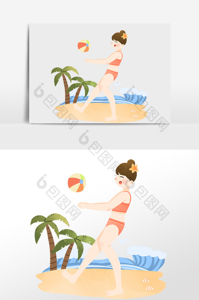 夏日海滩旅游戏水玩球女孩插画图片图片