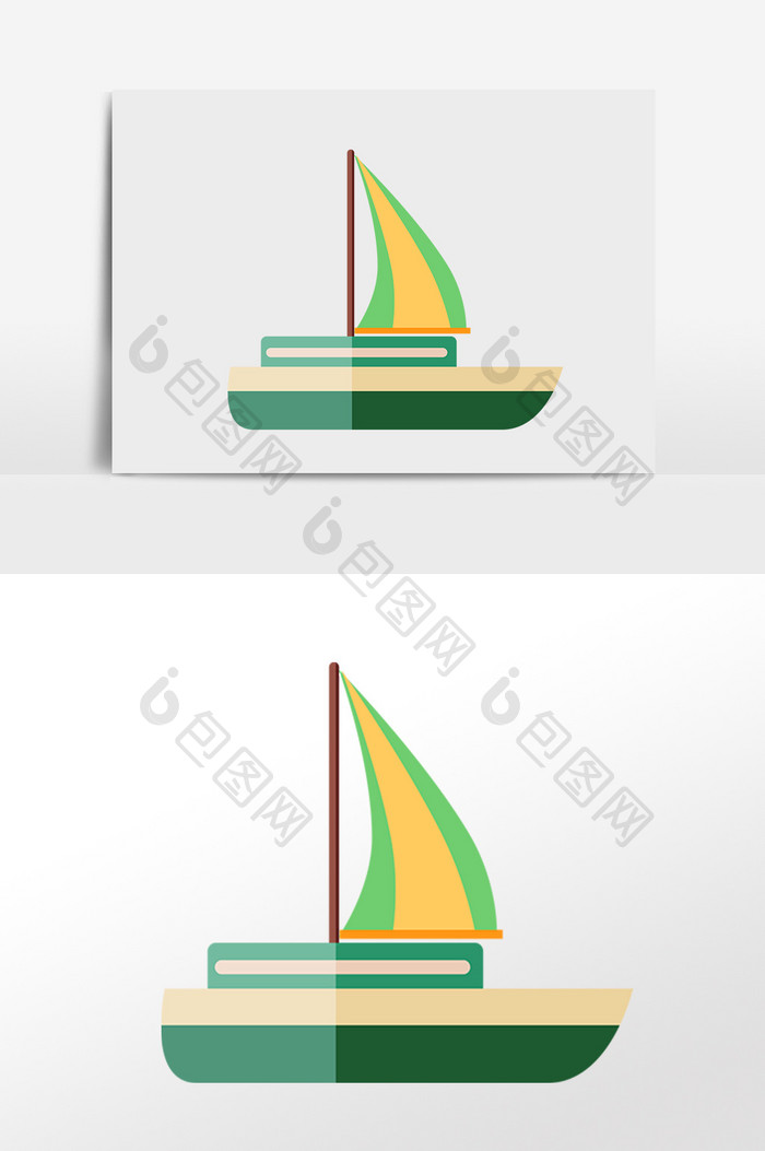 手绘航海海洋卡通绿色帆船插画