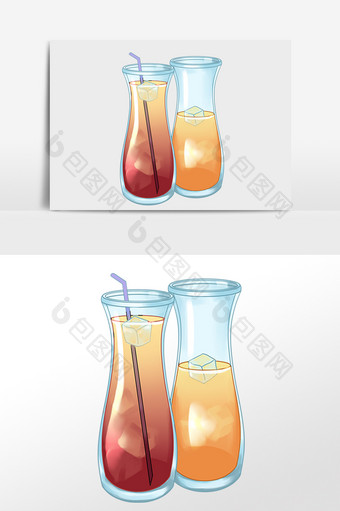 手绘夏季海滩饮品两杯果汁插画图片