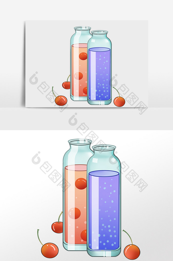 手绘夏季海滩旅行两瓶果汁插画