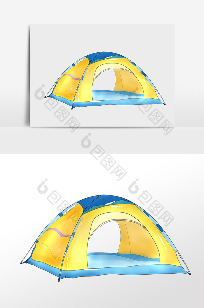 手绘夏季海滩旅行露营帐篷插画
