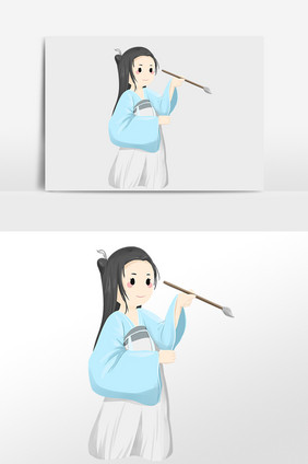 手绘国学教育古风女孩挥笔插画