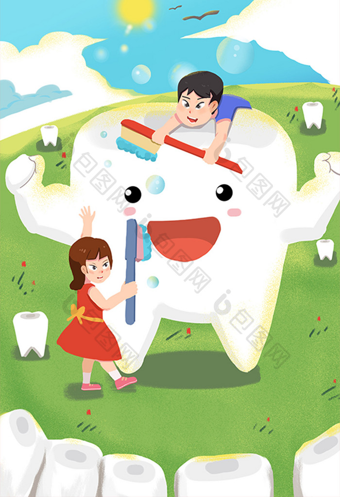 卡通扁平刷牙防止蛀牙牙齿创意插画