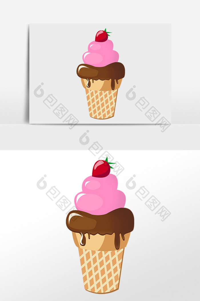 手绘夏季蛋筒甜点草莓冰淇淋插画