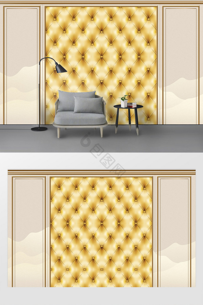 简约金色质感软包电视背景墙图片