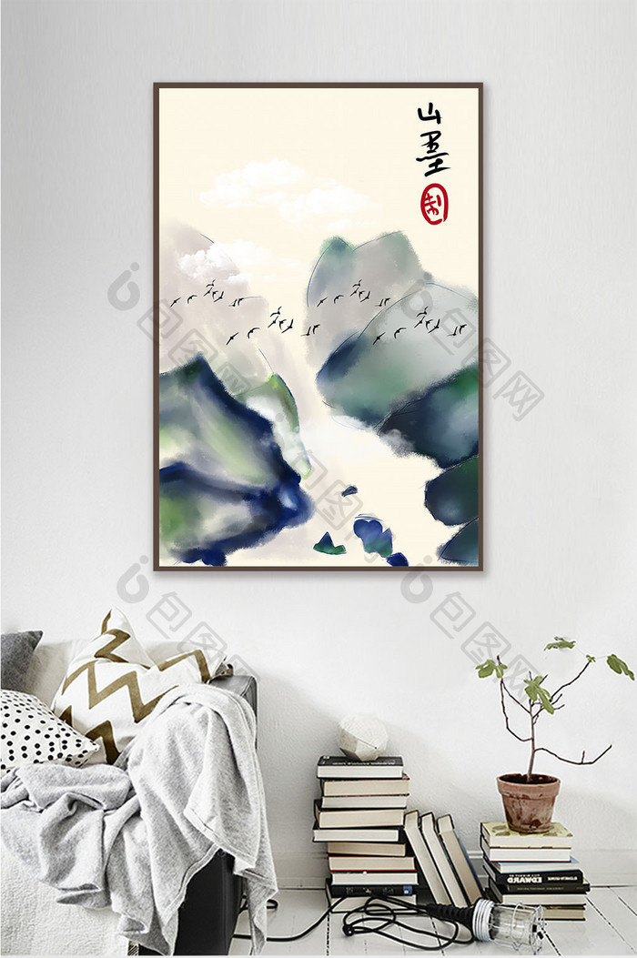 原创手绘新中式山水风景飞鸟装饰画素材