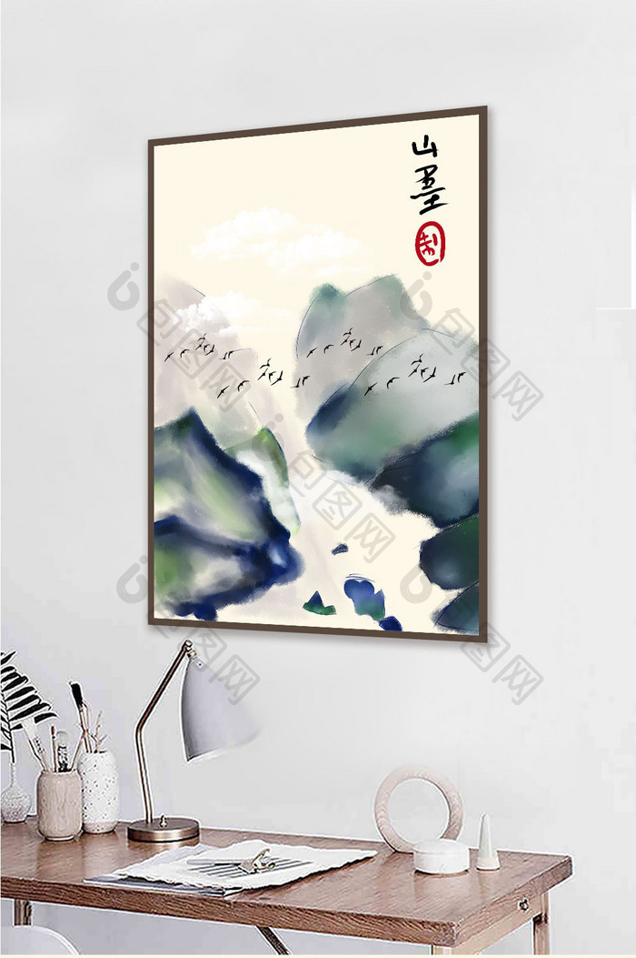 原创手绘新中式山水风景飞鸟装饰画素材