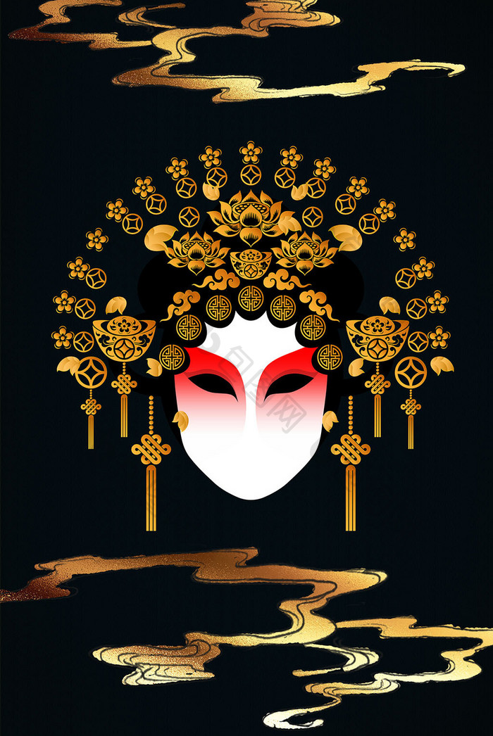国潮新中式金色抽象云朵脸谱中国风装饰画
