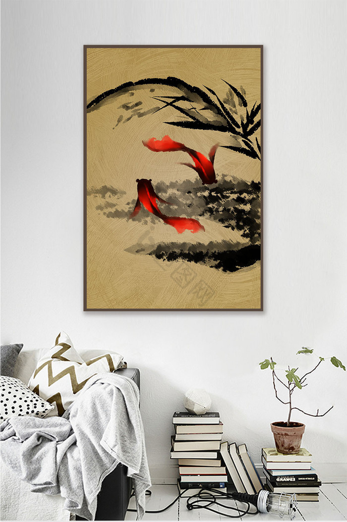 新中式水墨风格红色金鱼手绘黑白背景装饰画图片