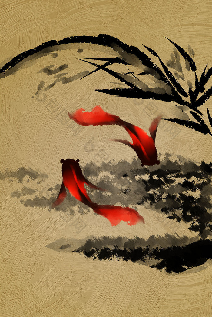 新中式水墨风格红色金鱼手绘黑白背景装饰画