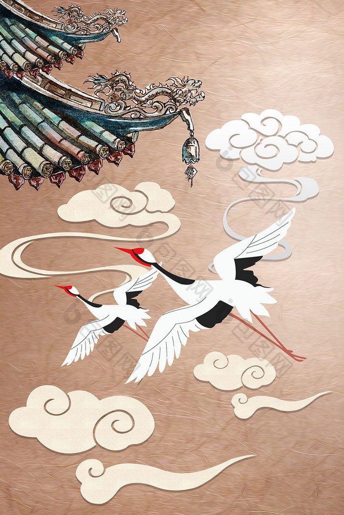 新中式中国风仙鹤祥云古楼国潮客厅装饰画